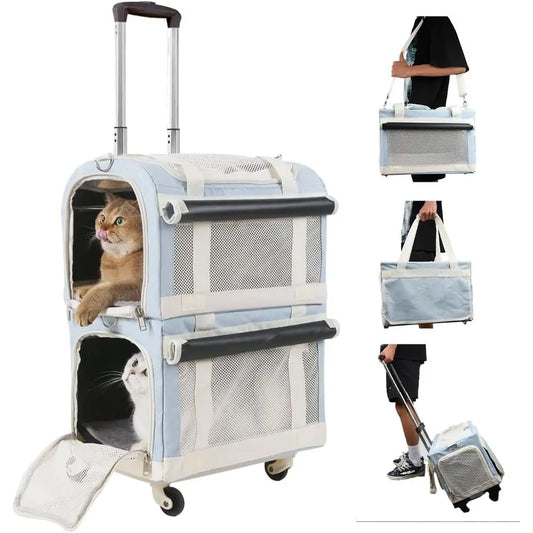 Wheeled Double Cat Carrier & Pet Stroller, 3-In-1 Removable Trolley Bag for Small Dogs & Puppies, Portable Large Pet Carrier Bac