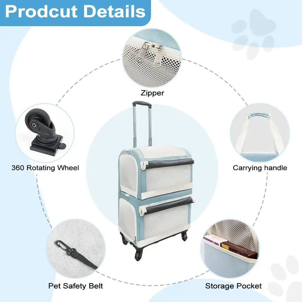 Wheeled Double Cat Carrier & Pet Stroller, 3-In-1 Removable Trolley Bag for Small Dogs & Puppies, Portable Large Pet Carrier Bac
