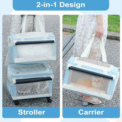 Wheeled Double Cat Carrier & Pet Stroller, 3-In-1 Removable Trolley Bag for Small Dogs & Puppies, Portable Large Pet Carrier Bac