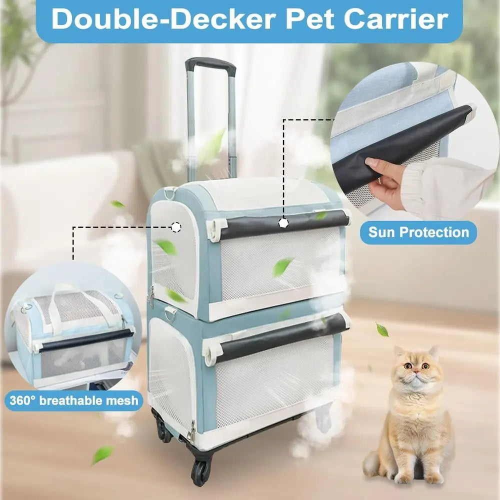 Wheeled Double Cat Carrier & Pet Stroller, 3-In-1 Removable Trolley Bag for Small Dogs & Puppies, Portable Large Pet Carrier Bac