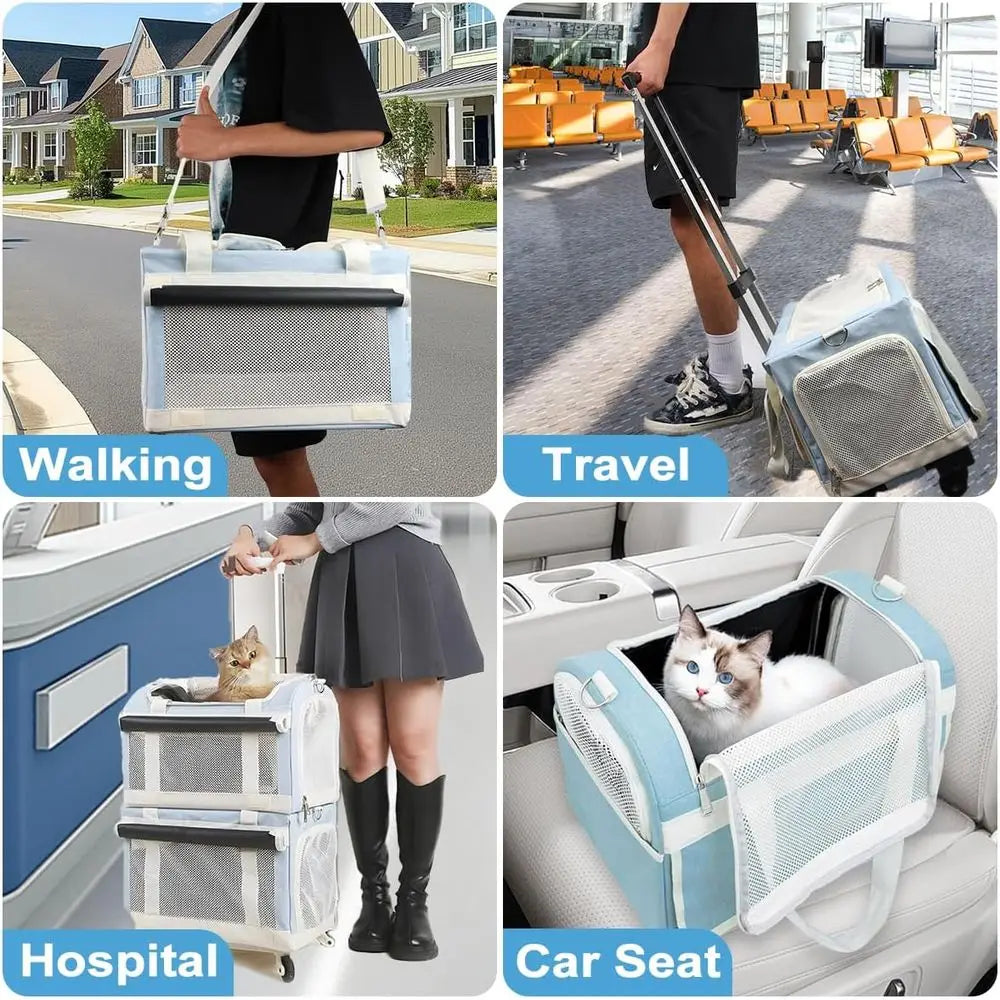 Wheeled Double Cat Carrier & Pet Stroller, 3-In-1 Removable Trolley Bag for Small Dogs & Puppies, Portable Large Pet Carrier Bac